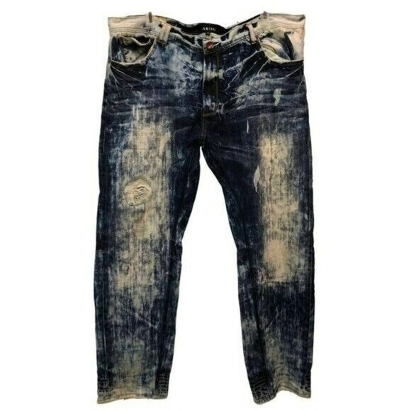 Akoo Mens 44x35 Distressed Bleached Lumber Jack Fit Straight Leg Denim J… - Picture 1 of 16